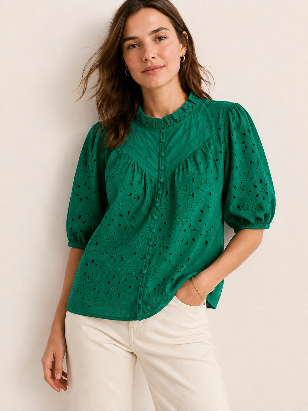 PrettyGarden NWT Emerald Green Cotton Eyelet Puff Sleeve Blouse Size L